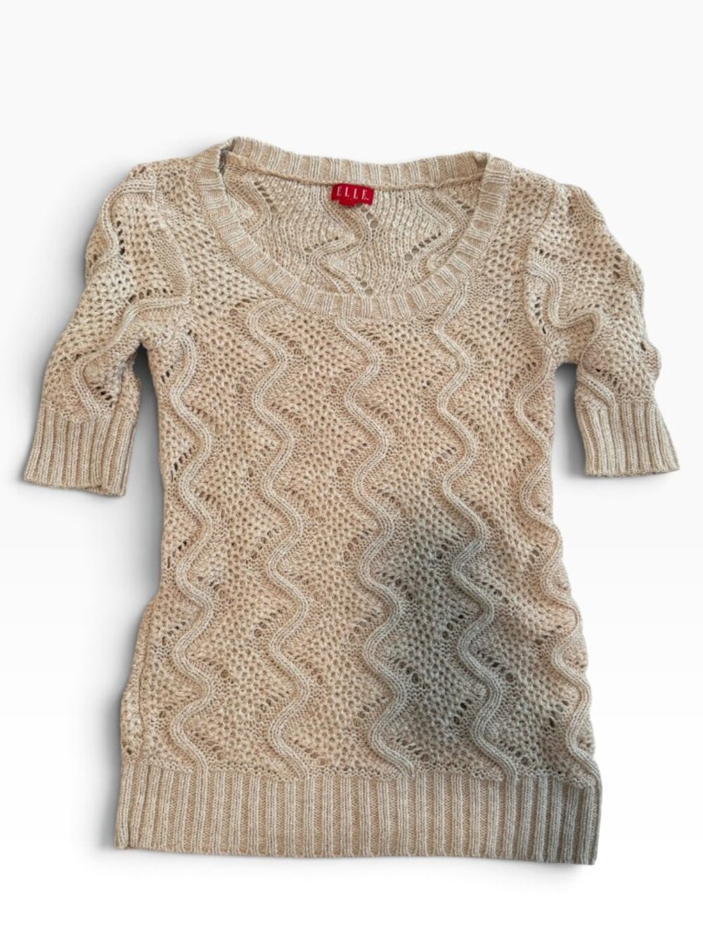 ELLE Cream Open Knit Shimmer Crochet Sweater Size Small